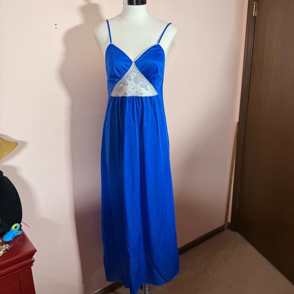 Vintage 1980 Art deco Royal Blue Long Slip Dress Nightgown - Picture 16 of 16